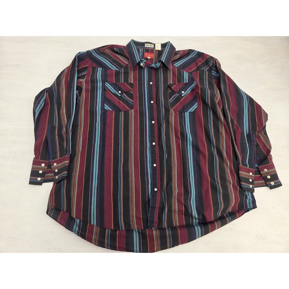 Ely Plains Western Wear 2X Shirt Pearl Snap VTG Maroon Blue Stripe Long Sleeve